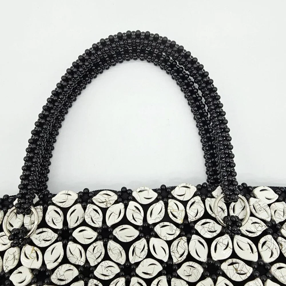 Vintage Glass Beaded Medium Black Pearl White Floral Shoulder Bag Coin Purse Set